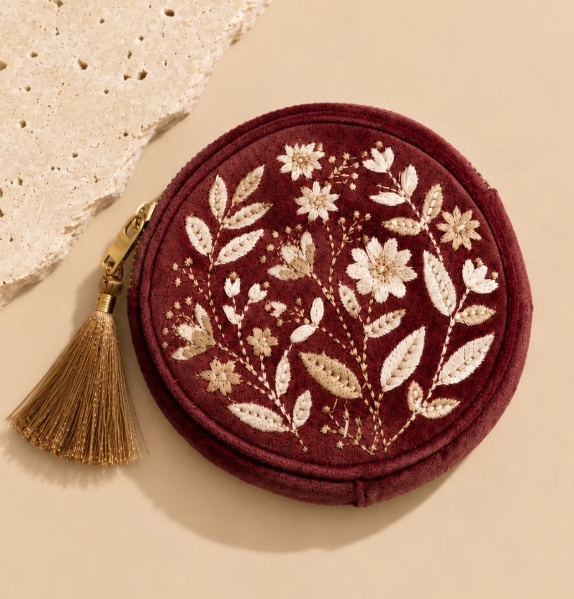 Trades of Hope, Embroidered Foliage Coin Purse, India, I Want More "3E" Friendships--to Edify, Encourage, & Exhort One Another